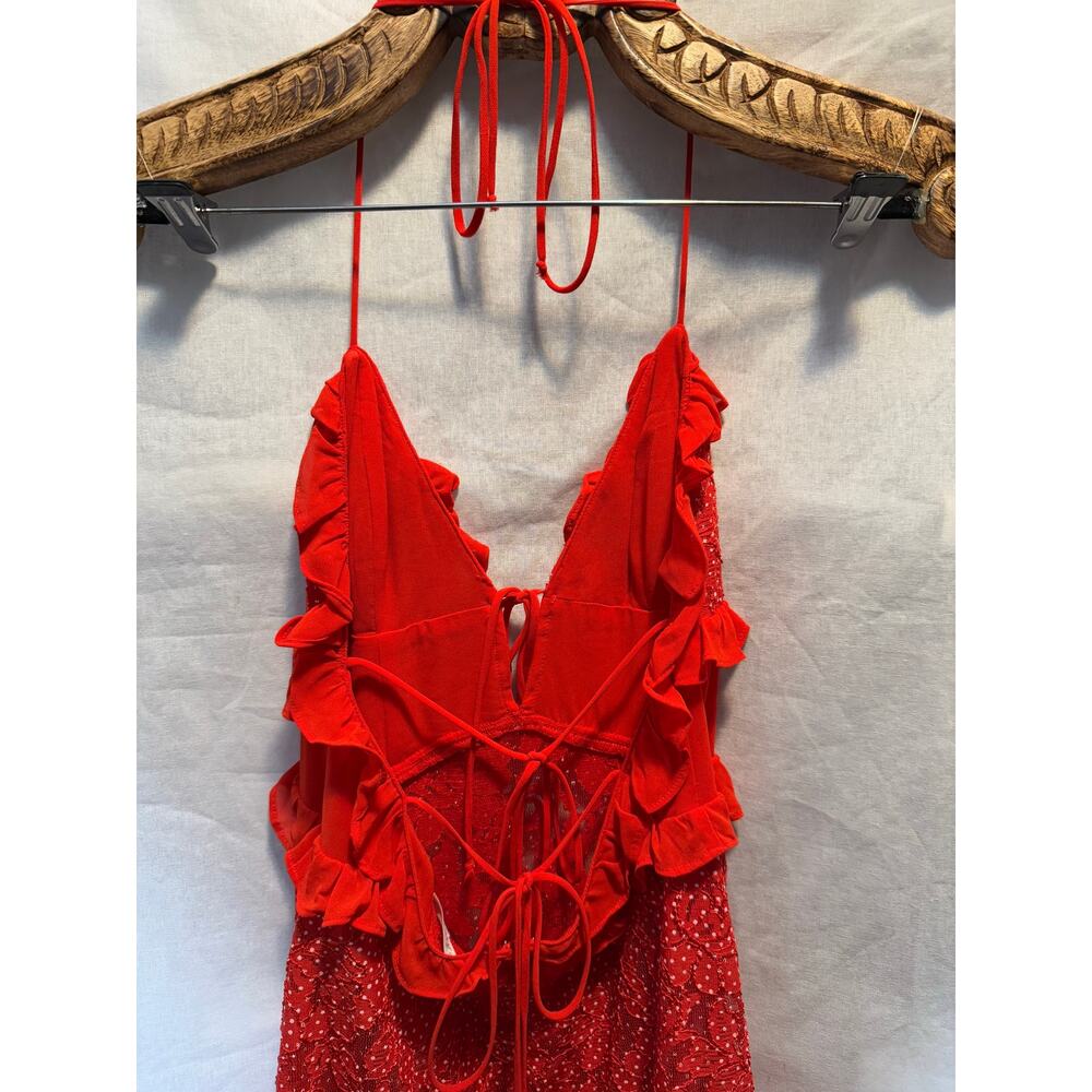 For Love and Lemons Leila Long Midi Dress Red Lace Side Slit Sheer Ruffles M - Picture 7 of 8
